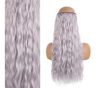 Invisible Wire Hair Pieces for Women Wavy Curly Halo Hair Extension Adjustable Transparent Headband Synthetic Heat Resistant Fiber(Gray Purple)