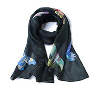 Invisible World Women's 100% Mulberry Silk Scarf Hand Painted Butterfly Long for Neck Hair or Head - Black