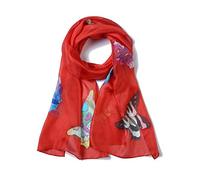 Invisible World Women's 100% Mulberry Silk Scarf Hand Painted Butterfly Long for Neck Hair or Head - Red