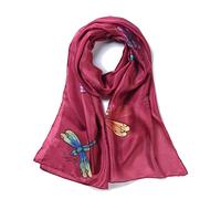 Invisible World Women's 100% Mulberry Silk Scarf Hand Painted Dragonfly Long for Neck Hair or Head - Burgundy