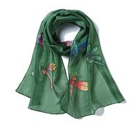 Invisible World Women's 100% Mulberry Silk Scarf Hand Painted Dragonfly Long for Neck Hair or Head - Olive Green