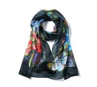 Invisible World Women's Silk Scarf 100% Mulberry Long Floral Design for Neck Head or Hair Hand Painted - Peony Flowers on Black