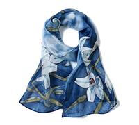 Invisible World Women's Silk Scarf 100% Mulberry Long Floral Design for Neck Head or Hair Hand Painted - Lilies on Blue