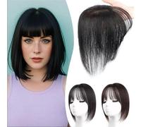 Invisible12 Inch Human Hair Toppers with Bangs for Women Add HairVolume,Handmade Swiss Lace 3.15" x 4.72" Topper Wig Clip in Top Hair Piece Replacement Wiglet Free Part Natural Black