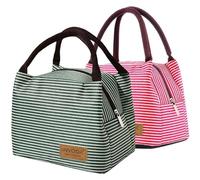 INVODA Lunch Bag Cool Bag for Lunch Box Lunch Organizer Striated Waterproof Fabric Foldable Picnic Handbag for Women, Adults, Students(Green+Red)