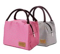INVODA Lunch Bag Cool Bag for Lunch Box Lunch Organizer Striated Waterproof Fabric Foldable Picnic Handbag for Women, Adults, Students(Brown+Red)