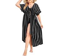 IN'VOLAND Women Plus Size Long Cover up Stripe Bikini Coverups Kimono Tie Front Bathing Suit Swimsuit Beachwear, Black Stripe, 28 Plus