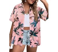 IN'VOLAND Women's Plus Size Hawaiian Shirts Short Sleeve Casual Floral Button Down Shirt Tropical Beach Blouse Summer Top, Tropical Pink, 20 Plus