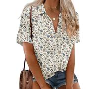 IN'VOLAND Womens Plus Size Linen Button Down Shirts Short Sleeve Cotton Casual Collared Shirt V Neck Summer Blouses Tops, Floral Cream, 24 Plus