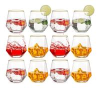 Inweder Drinking Glasses Set of 12 - Stemless Wine Glasses Au Vodka Glass Old Fashioned Gold Rim Whiskey Glasses Kraken Rum Glass Geometric Whisky Tumbler Gift Set for Men Birthday Father Anniversary