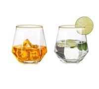 Inweder Drinking Glasses Set of 2 - Stemless Wine Glasses Au Vodka Glass Old Fashioned Gold Rim Whiskey Glasses Kraken Rum Glass Geometric Whisky Tumbler Gift Set for Men Birthday Father Anniversary