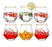 Inweder Drinking Glasses Set of 6 - Stemless Wine Glasses Au Vodka Glass Old Fashioned Gold Rim Whiskey Glasses Kraken Rum Glass Geometric Whisky Tumbler Gift Set for Men Birthday Father Anniversary