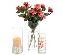 Inweder Glass Vase for Flowers - 3 Pcs Clear Cylinder Vases for Table Centrepiece Hurricane Candle Holder for Pillar & Floating Candles Roses Tulip Pampas Wedding Party Living Room Decoration