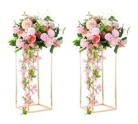 Inweder Gold Flower Stand Centrepieces: 2Pcs Metal Column Vases 60cm Tall for Wedding Table - Rectangular Geometric Floor Rack for Birthday Party Anniversary Living Room Decorations
