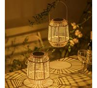 Inweder Solar Lantern Light for Garden with USB-C & Solar Charging, 2 Pcs | IP44 Water Resistant, Warm White Glow, Auto On/Off Sensor, PE Rattan & Metal Frame, Hanging/Tabletop for Patio, Pathway Decor