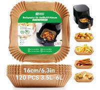 Inwee 120PCS Air Fryer Liners, 16-20cm (6.3-8 in) Square Air Fryer Paper Liners Disposable, Compatible with COSORI,Ninja, Tefal,Tower Air Fryers,Non-Stick Greaseproof Air Fryer Accessories,Unbleached