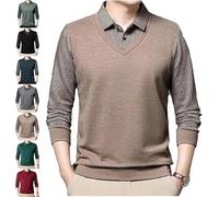 INXKED Striped Lapel Fake 2-Piece Shirt, Men's 1/4 Button Up V Neck Lapel Pullover, Long-Sleeved Fit Solid Casual Sweater (01,L)
