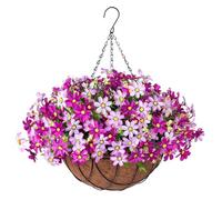 INXUGAO Artificial Flower Hanging Basket for Spring Summer Outdoor Porch Decor, Faux Hanging Plants Silk Chrysanthemum Arrangement in 12 inch Planter Basket for Home Patio Balcony Yard(Violet)