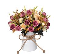 INXUGAO Artificial Flower in Vase, Ceramics Vase with Silk Flower Arrangements Table Centerpieces Wedding Bouquets for Office Meeting Room Home Décor Decoration(Brown)