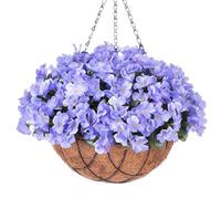 INXUGAO Artificial Flowers with Hanging Basket for Outdoor Indoor, 4 Branches Fake Hydrangea Flowers in Coconut Lining Hanging Basket Home Courtyard Spring Summer Decor(Blue)