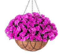 INXUGAO Artificial Flowers with Hanging Basket for Outdoor Indoor, 4 Branches Fake Hydrangea Flowers in Coconut Lining Hanging Basket Home Courtyard Spring Summer Decor(Violet)
