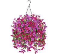INXUGAO Artificial Hanging Flowers Plants with Basket for Outdoors, Realistic Faux Silk Daisy Flower Eucalyptus for Spring Decor, UV Resistant Fake Plants for Porch Patio Yard Balcony, Purple Violet