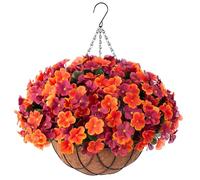 INXUGAO Artificial Hanging Flowers with 12" Basket for Outdoor Decor,Fake Hydrangea UV Resistant Arrangements in Pot Planter Decor for Indoor Porch Garden Yard(Orange Brown)