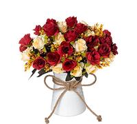 INXUGAO Artificial Rose Flower in Vase,Ceramics Vase with Silk Flower Arrangements Table Centerpieces Wedding Bouquets for Office Meeting Room Home Décor Decoration (Red)