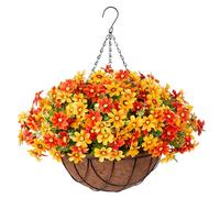 INXUGAO Artificial Silk Flowers Hanging Baskets Outdoors,Chrysanthemum with Eucalyptus Leaves Arrangement for Garden Yard Decor,Faux Plant in Metal Coconut Lining Flowerpot(Orange)