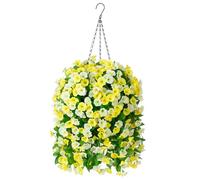INXUGAO Autumn Hanging Baskets with Artificial Flowers Plants Outdoor Indoor, Faux Silk Morning Glory Vines, Faux Green Plant Arrangement Garden Patio Decor(Yellow and White)