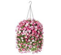 INXUGAO Hanging Baskets with Artificial Flowers for Plants Outdoor Indoor, Faux Silk Morning Glory Vines, Faux Green Plant Arrangement for Garden Patio Spring Summer Decoration(Pink)