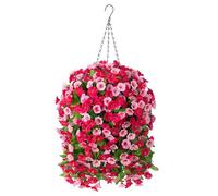 INXUGAO Hanging Baskets with Artificial Flowers for Plants Outdoor Indoor, Faux Silk Morning Glory Vines, Faux Green Plant Arrangement for Garden Patio Spring Summer Decor(Rose Red)