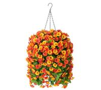 INXUGAO Hanging Baskets with Artificial Flowers for Plants, Spring Outdoor Indoor Faux Silk Morning Glory Vines, Faux Green Plant Arrangement for Garden Patio Decor(Orange)
