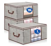 inzeyoz 75L Storage Bags, 3 PCS Large Storage Bags Boxes With Lids, Foldable Clothes Storage Organiser, Breathable Thick Fabric Moving Bags For Clothes, Blanket, Comforters, Bedding