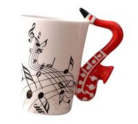 Inzopo Musical Note Jazz Ceramic Coffee/Tea Travel Mug with Guitar Drum Saxophone Design Handle, 18 Sesigns to Choose - Red Saxophone, 10x7.5cm
