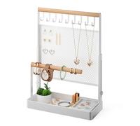 IOAIANIA Jewelry Organizer Stand with Velvet Ring Holder, Liftable Necklace Holder with Earring Organizer Net, 9 Hooks Necklaces Storage Wooden Handing Bar for Bracelets Watches Rings (White)