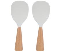 IOBIDDYS 2pcs Self-Standing Silicone Rice Spoon with Heat-Resistant Nonstick Paddle and Ergonomic Wooden Handle for Rice Cooker Serving and Japanese Sushi Cooking