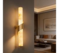 IOEDHW Natural Alabaster Wall Sconces, Spanish Marble Cylinder Wall Sconces, Modern Indoor Gold LED Brass Wall Lamp for Bathroom Bedroom Living Room Staircase Hallway Dining Room (18W-50cm,24W-60cm)