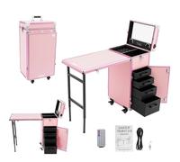 IOENC Rolling Manicure Desk Makeup Train Case, Travel Cosmetic Trolley, Storage Organizer, Large Capacity & Mobile Makeup Studio -, 110 lbs Load Capacity, Expandable Table, 4 Locking Wheels, Pink, L