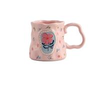 Ioensy Ceramic Coffee Mug Round Shape with Handle Cartoon Pattern Single Layer White Sturdy Construction Comfortable Grip Suitable for Women Adults Home Office, Pink with Red Flower