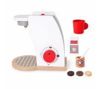 Ioensy Children Kitchen Playthin Wooden Coffee Maker Toy With Turning Knob Curved Shape Gentle Tone Paint Suitable for Creative Role Play Playroom Classroom, Coffee Machine - White/Red