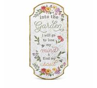 Ioensy Vintage Wall Plaque Rustic Wall Display Hanging Sign Iron Floral Design Tall Rectangle With Arched Edges Distressed Finish suitable for foyer balcony, Distressed White, Into The Garden