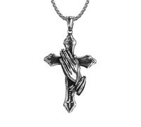 IOETSEUT Men's necklace Vintage Catholic Prayer Cross Pendant Necklace For Men Biker Amulet Prayer Hands Necklace Jewelry Gift gift
