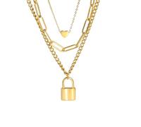 IOETSEUT men's necklaces friendship necklace Three Layers Chain Necklace For Women Heart Lock Pendant Clavicle Necklaces Hip Hop Fashion Jewelry Gift