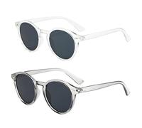 IOHJSA 2 Pair Vintage Round Sunglasses, Gray Polarised Sunglass with UV400 Protection, Womens Mens Clear Frame Classic Retro Small Round Glass