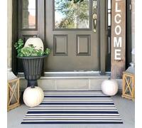 IOHOUZE Navy and White Striped Rug 2'x3' Front Door Rugs, Small Washable Area Rug for Front Porch, Spring Summer Doormats Outdoor Indoor, Cotton Rugs for Entryway Porch Entrance
