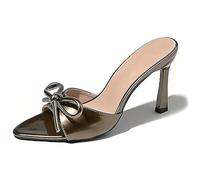 IOHSIGMGG Women's Patent Leather Bow Kitten Mules Sandals Sexy Open Toe Slip On Non-Slip Stiletto High Heel Dress Shoes Daily Grace Wedding Party Casual Slides