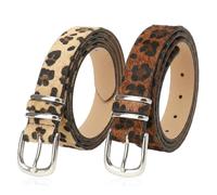 iohsxae 2 Pack Leopard Print Belts for Women Faux Pony Hair Texture PU Leather Skinny Waist Belt with Silver Buckle Ladies Animal Pattern Waistband for Jeans Dresses Trousers Fashion Accessories Set