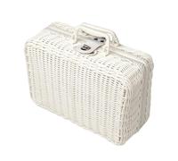 IOIUSKKU Wicker Picnic Basket Storage Box Retro PP Wicker Suitcase Vintage Handbag Stackable Best for Beach Days and Sunny Picnics Woven Organize Basket Box with Leather Strap Lock, White, XL