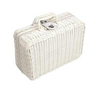 IOIUSKKU Wicker Picnic Basket Storage Box Retro PP Wicker Suitcase Vintage Handbag Stackable Best for Beach Days and Sunny Picnics Woven Organize Basket Box with Leather Strap Lock, White, M